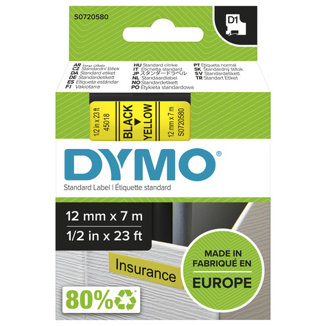 DYMO D1 -Standard Labels - Black on Yellow - 12mm x 7m