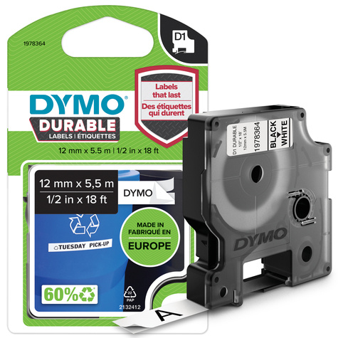 DYMO D1 -Durable Labels - Black on White - 12mm x 5.5m