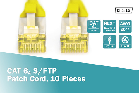 DIGITUS CAT 6A S-FTP patchkabel, koper, LSZH AWG 26/7, lengte 2 m, 10 stuks, kleur geel