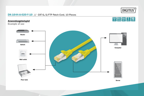 DIGITUS CAT 6A S-FTP patchkabel, koper, LSZH AWG 26/7, lengte 2 m, 10 stuks, kleur geel