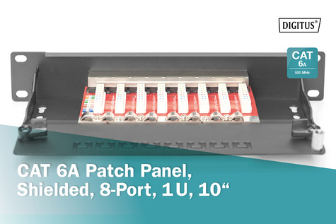 DIGITUS CAT 6A patchpaneel, afgeschermd, 8-poorts 1U, 10", rekmontage, zwart RAL 9005