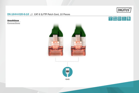 DIGITUS CAT 6 S-FTP patchkabel, koper, LSZH AWG 27/7, lengte 2 m, 10 stuks, kleur groen