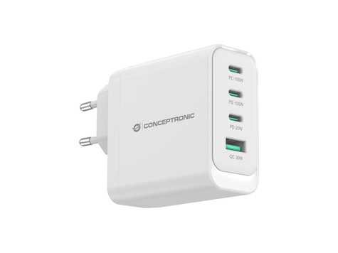 CONCEPTRONIC 4-Port 100W GaN USB PD Charger - USB-C x 3 - USB-A x 1 - QC 3.0 - PPS - PD 3.0