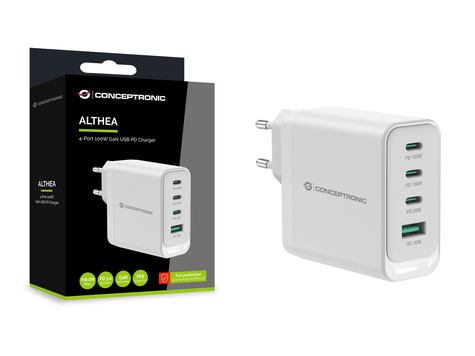 CONCEPTRONIC 4-Port 100W GaN USB PD Charger - USB-C x 3 - USB-A x 1 - QC 3.0 - PPS - PD 3.0