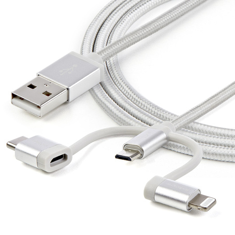STARTECH 1m USB oplaadkabel - gevlochten - zilver - 3 in 1 laadkabel - USB naar Lightning / Micro USB / USB C kabel