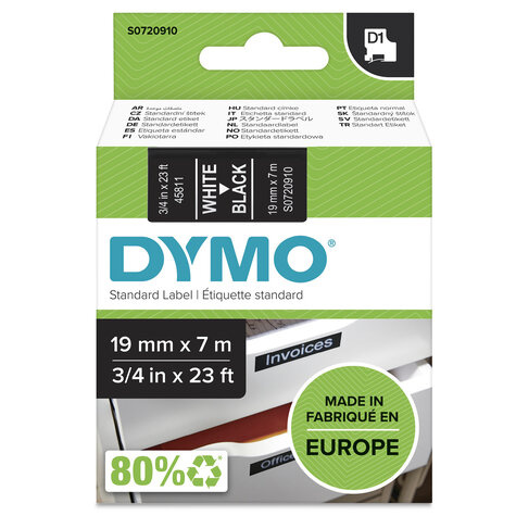 DYMO D1 -Standard Labels - White on Black - 19mm x 7m