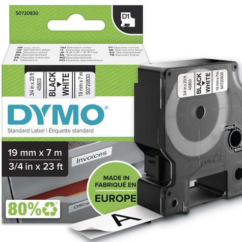 DYMO D1 -Standard Labels - Black on White - 19mm x 7m