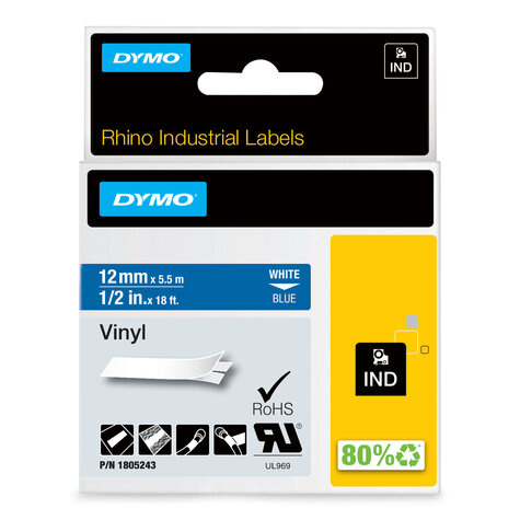 DYMO RHINO 12 MM VINYL WHITE ON BLUE