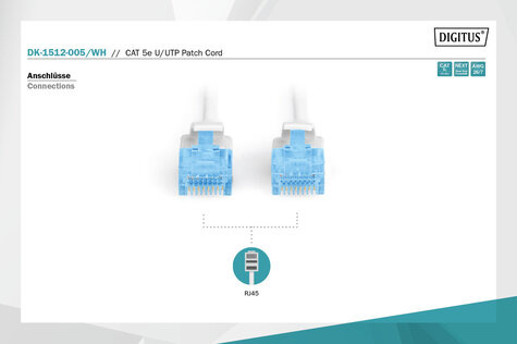 DIGITUS CAT 5e U-UTP patchkabel, PVC AWG 26/7, lengte 0,5 m, kleur wit