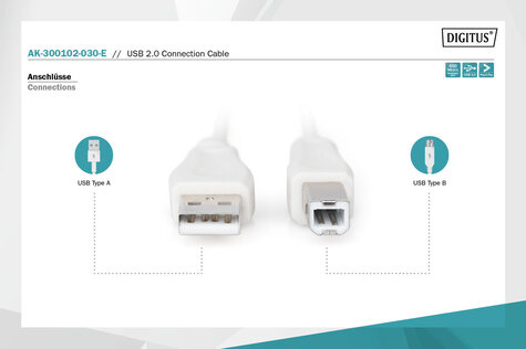 DIGITUS USB-aansluitkabel, type A - B St/St 3,0m, USB 2.0 geschikt, be