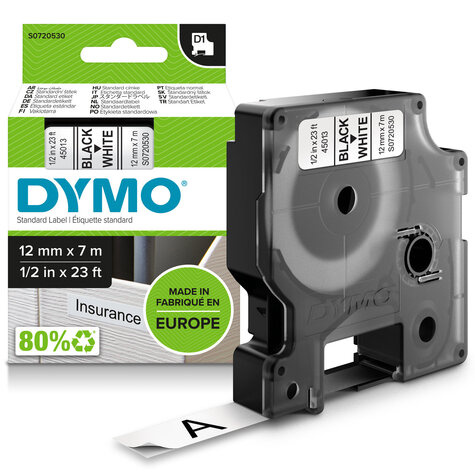 DYMO D1 -Standard Labels - Black on White - 12mm x 7m