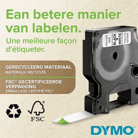 DYMO D1 -Standard Labels - Black on White - 12mm x 7m