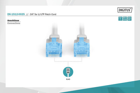 DIGITUS CAT 5e U-UTP patchkabel, PVC AWG 26/7, lengte 0,25 m, kleur grijs