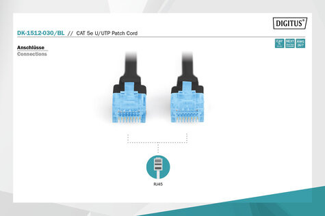 DIGITUS CAT 5e U-UTP patchkabel, PVC AWG 26/7, lengte 3 m, kleur zwart