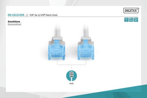 DIGITUS CAT 5e U-UTP patchkabel, PVC AWG 26/7, lengte 0,5 m, kleur grijs