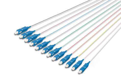 DIGITUS FO pigtail set, 12 pcs., SC, SM OS2 09/125 æ loose buffer, color code DIN IEC 304, 2 m