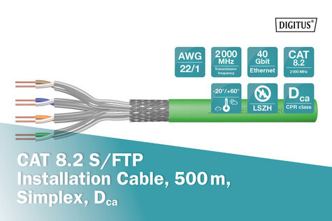 DIGITUS CAT 8.2 S-FTP installatiekabel, 2000 MHz, AWG 22/1 Dca, 500 m, trommel, simplex, groen