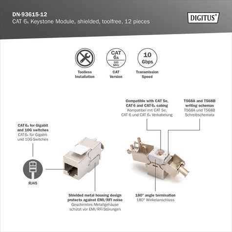 DIGITUS CAT6A Keystone Jack, afgeschermd, opnieuw ingebouwd 500MHz volgens ISO/IEC 11801:2002 AM2:2009/09, in bulk