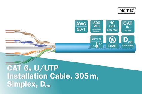 DIGITUS Cat. 6A U-UTP Installatiekabel simplex 500MHz (EN 50575) AWG 23/1 305m