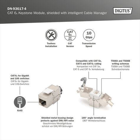 DIGITUS CAT 6A Keystone module, afgeschermd, 4 stuks Aansluiting zonder gereedschap