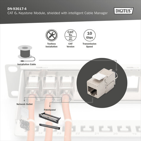 DIGITUS CAT 6A Keystone module, afgeschermd, 4 stuks Aansluiting zonder gereedschap