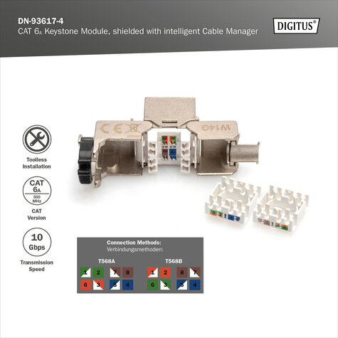 DIGITUS CAT 6A Keystone module, afgeschermd, 4 stuks Aansluiting zonder gereedschap