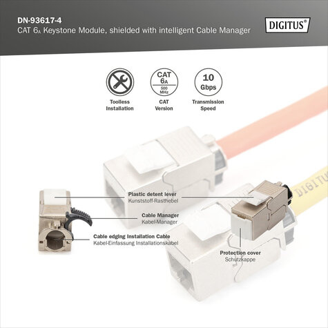 DIGITUS CAT 6A Keystone module, afgeschermd, 4 stuks Aansluiting zonder gereedschap