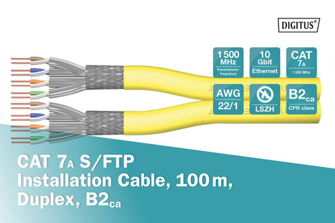 DIGITUS CAT 7A S-FTP datakabel - installatiekabel, 1500 MHz B2ca (EN 50575), AWG 22/1, rol van 500 m, Dx, geel