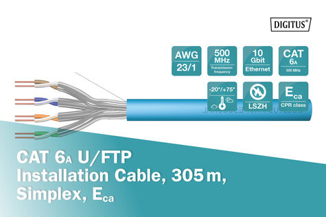 DIGITUS CAT 6A U-FTP installatiekabel, 500 MHz Eca (EN 50575), AWG 23/1, rol van 305 m, Sx, blauw