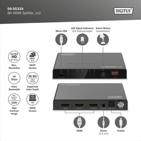 DIGITUS 1x2 HDMI Splitter 8K/60Hz (4:4:4) Toslink Stereo EDID Control