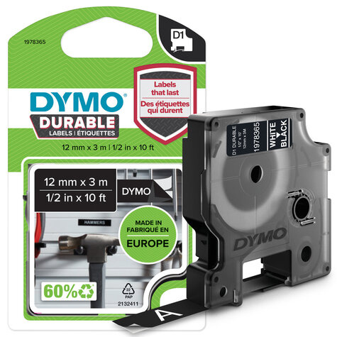 DYMO D1 -Durable Labels - White on Black - 12mm x 3m