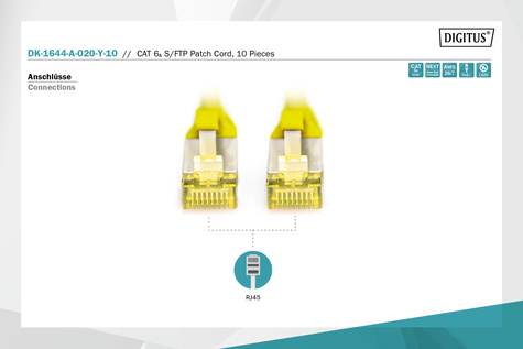 DIGITUS CAT 6A S-FTP patchkabel, koper, LSZH AWG 26/7, lengte 2 m, 10 stuks, kleur geel
