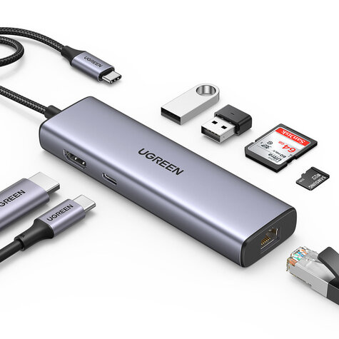 Ugreen USB-C to 2*USB3.0+HDMI+RJ 45+SD&TF +PD port Hub