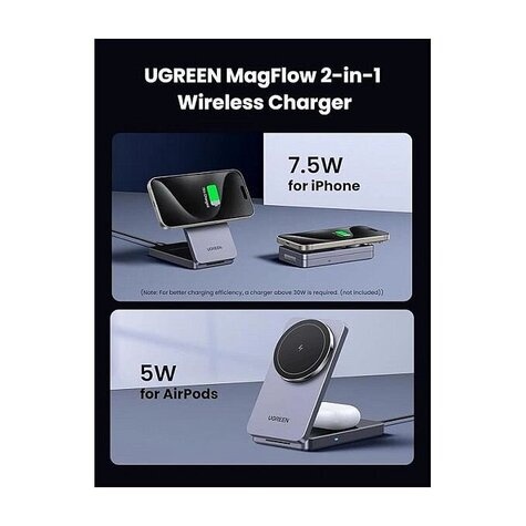 Ugreen W528 Magnetic Wireless Charger 2-in-1 Ladestation fuer Qi?fhige Gerte faltbar grau