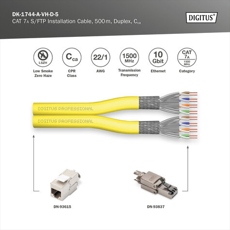DIGITUS CAT 7A S-FTP datakabel - installatiekabel, 1500 MHz Cca, (EN 50575), AWG 22/1, rol van 500 m, geel