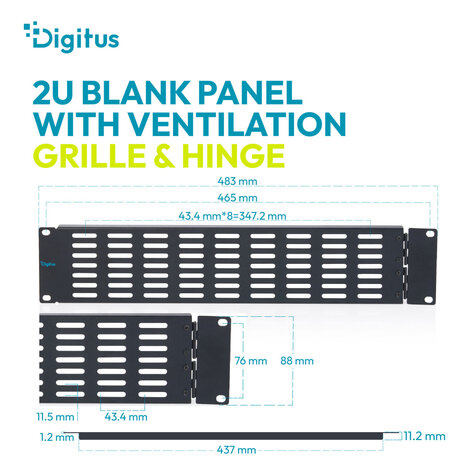 DIGITUS 2U blinde afdekking met ventilatierooster en scharnier zwart (RAL 9005)