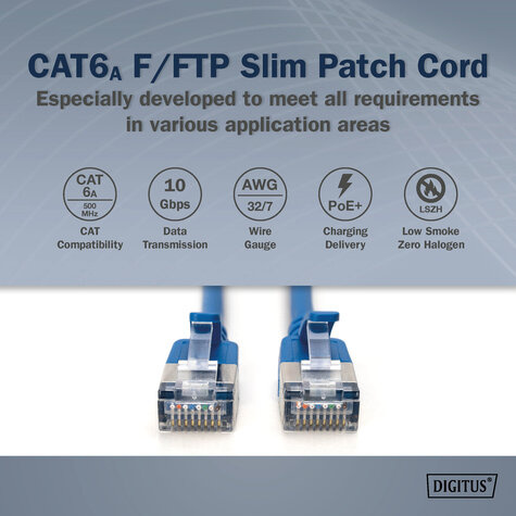 DIGITUS CAT 6A F-FTP Slim patchkabel, koper, LSZH AWG 32/7, lengte, 0,5m, blauw, 10 st.