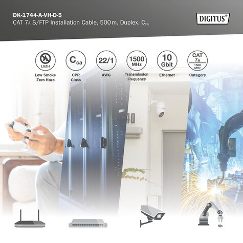 DIGITUS CAT 7A S-FTP datakabel - installatiekabel, 1500 MHz Cca, (EN 50575), AWG 22/1, rol van 500 m, geel