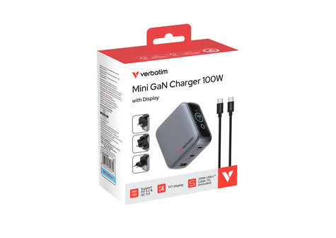 Verbatim Mini GaN Charger 3 Port  100W w Display (EU/UK/US)