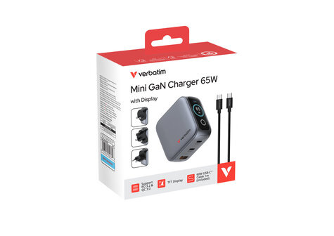 Verbatim Mini GaN Charger 3 Port   65W w Display (EU/UK/US)
