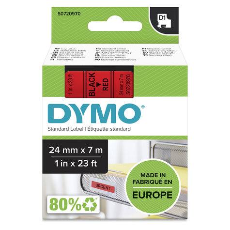 DYMO D1 -Standard Labels - Black on Red - 24mm x 7m