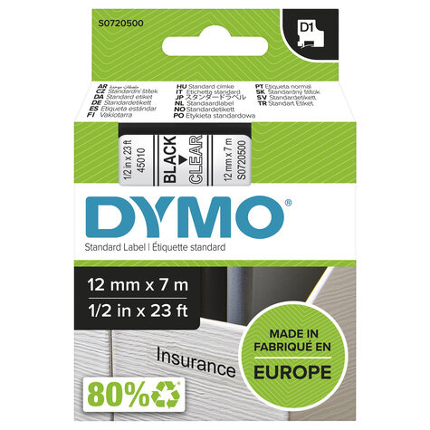 DYMO D1 -Standard Labels - Black on Transparent - 12mm x 7m