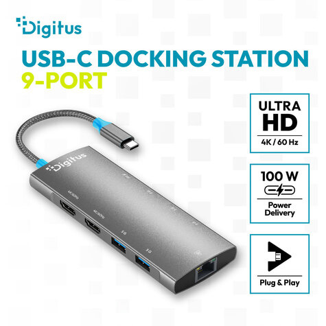 DIGITUS USB-C Docking Station, 9-Port, 2x HDMI, USB, RJ45