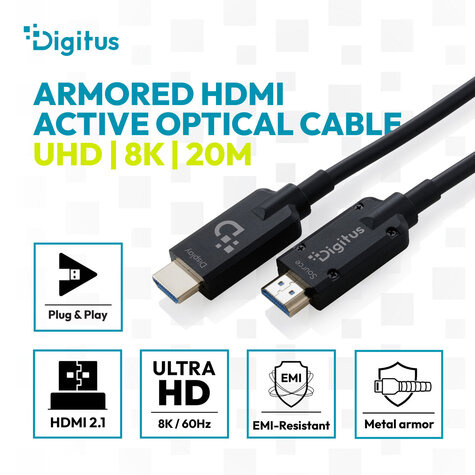 DIGITUS Gepantserde HDMI AOC-verbindingskabel, type A M/M, 20 m, Ultra HD, 8K@60 Hz, goud, bw
