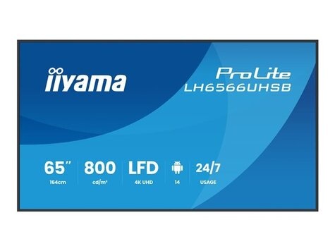Iiyama 65iWIDE LCD 3840 x 2160 4K UHD VA panel IP5X (Front) Fan-less SpeakersHDMI(2x) USB-C(DP-Alt 15 Watt) USB 2x v2.0 800 cd/m 5000:1 StaticContrast 6.5 ms Landscape