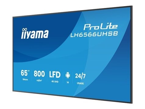 Iiyama 65iWIDE LCD 3840 x 2160 4K UHD VA panel IP5X (Front) Fan-less SpeakersHDMI(2x) USB-C(DP-Alt 15 Watt) USB 2x v2.0 800 cd/m 5000:1 StaticContrast 6.5 ms Landscape