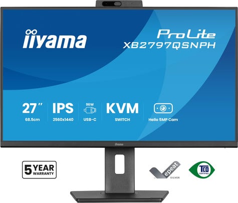 Iiyama 27iWIDE LCD 2560 x 1440 QHD IPS panel LED Bl. Built-in 5 MP WindowsHello Webcam & Microphone