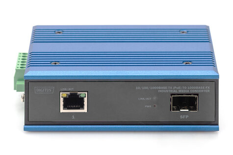DIGITUS Industrieel. Gigabit Ethernet PoE+ mediaconverter SFP open sleuf, zonder SFP-module, PSE, 802.3at