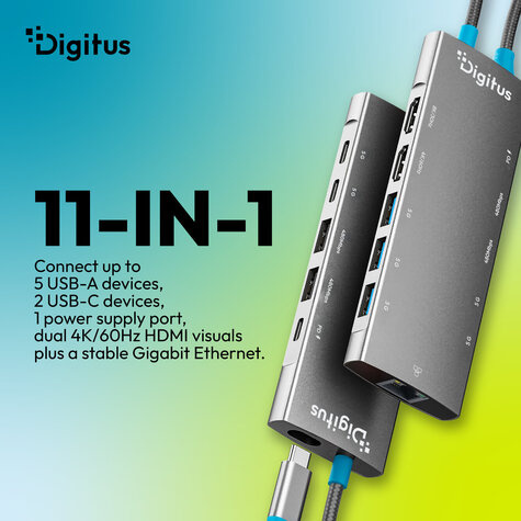 DIGITUS USB-C-dockingstation, 11 poorten 2x HDMI, 5x USB 3.2 Gen 1, 2x USB 2.0, 1x RJ45, 1x PD