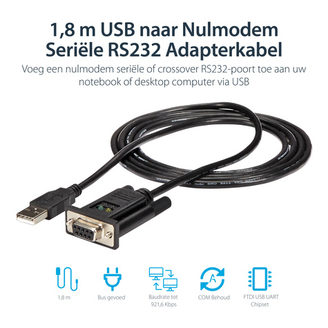 STARTECH 1-poort USB naar Nulmodem RS232 DB9 Seriële DCE Verloopkabel met FTDI - Seriële adapter - USB 2.0 - RS-232 - zwart